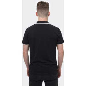 A black polo shirt with contrasting trim, featuring a small logo on the back.