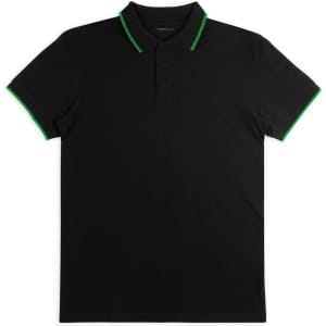 A black polo shirt featuring green accents on the collar and sleeve hems, with a logo on the chest.