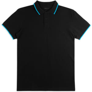 A black polo shirt with turquoise accents on the collar and sleeves, featuring a branded logo.