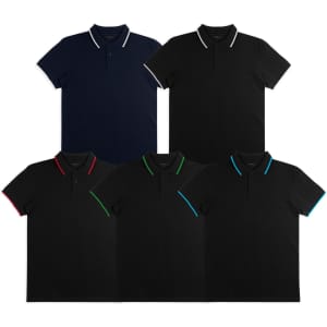 A collection of five men's polo shirts in navy, black, and various accent colours. Each shirt has a logo.