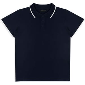 A navy polo shirt with a white collar and three-button placket, featuring a logo.