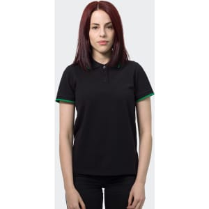 A black women's polo shirt featuring green trim on the collar and sleeves, with a logo on the front.