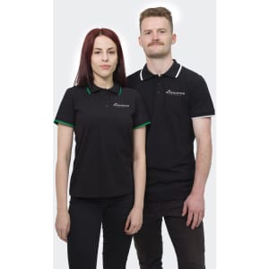 A black polo shirt featuring contrasting green and white collar details, worn by two models. The shirt has a logo.