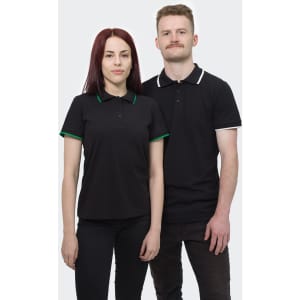 A black women's polo shirt with green trim, alongside a black men's polo shirt with white trim. Both have logos.
