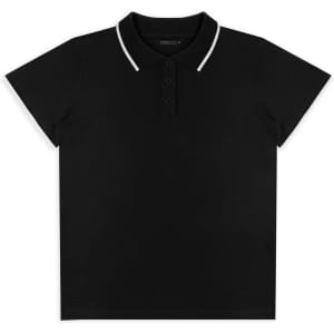 A black women's polo shirt with a contrasting collar and a branded logo. Short sleeves and a classic fit design.