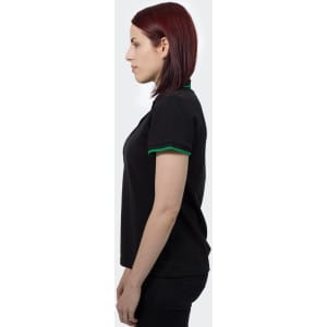A black women's polo shirt with green detailing along the collar and sleeves. It features a logo on the chest.