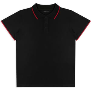 A black women's polo shirt with red trim and a collar, featuring a three-button placket and short sleeves.