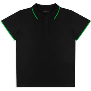 A black women's polo shirt with green accents on the collar and sleeves, featuring a branding logo.