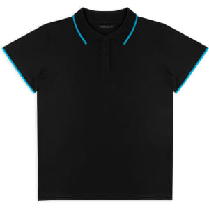 A black polo shirt with turquoise accents on the collar and sleeves, featuring a logo branding.