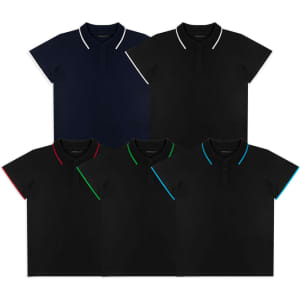 A collection of five polo shirts in navy and black, featuring contrasting collar colours in red, green, and blue.