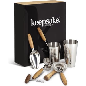 A cocktail set featuring stainless steel tools with wooden handles, presented in a black keepsake box.
