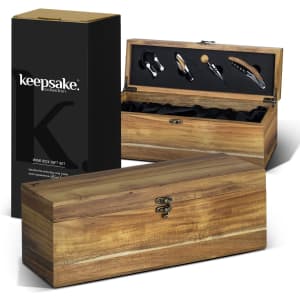 A wooden wine box gift set with tools, featuring a dark exterior and a sleek design, accompanied by a branded box.