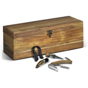 A wooden keepsake wine box set containing a corkscrew, bottle stopper, and two tools, with a brass clasp.