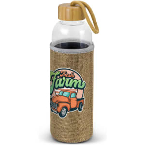 A drink bottle with a clear body, natural sleeve in burlap, and a wooden lid, featuring a truck graphic.