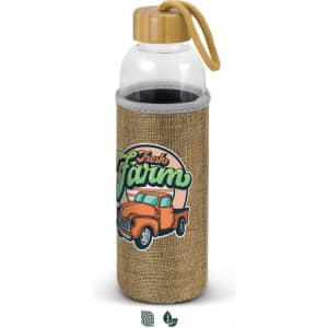 A drink bottle with a clear glass body, natural sleeve, bamboo lid, and a vibrant truck design.