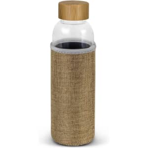 A drink bottle featuring a clear glass body with a natural fabric sleeve and a wooden lid.