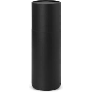 A drink bottle with a black natural sleeve and a sleek, cylindrical design. It features a logo on the surface.