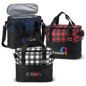 Three insulated cooler bags in black and various check patterns: blue, red, and black with white checks, each with a logo.