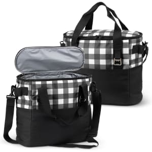 A black and white checked cooler bag with a zippered opening and detachable straps. It features a logo.