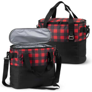A red and black checkered cooler bag with black sides and carrying straps, featuring a silver interior.