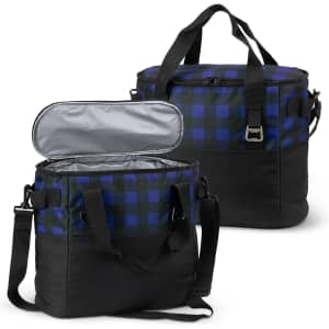 A checkered blue and green cooler bag with a silver lining, featuring dual handles and a removable strap.