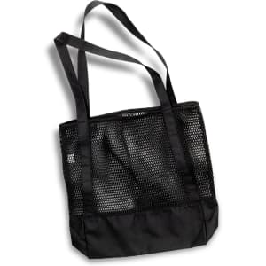 A black sports tote bag with mesh sides and fabric bottom, featuring long shoulder straps and a logo.