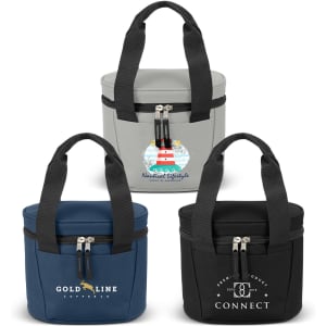 A grey, navy, and black cooler bag with two carrying handles and logos on each.
