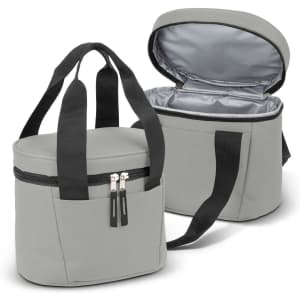 A grey cooler bag with a zippered opening, featuring two sturdy handles and an interior lining. It has a logo.