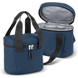 A navy lunch cooler bag with a zippered closure, carrying handles, and an insulated interior. Features a logo.