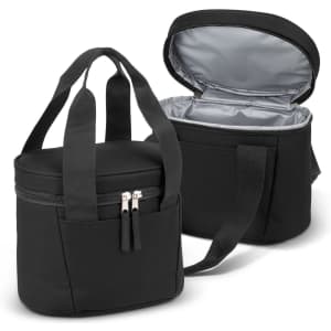 A black lunch cooler bag with a zippered lid, featuring a sturdy handle and an insulated interior.