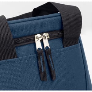 A blue lunch cooler bag featuring dual zipper pulls and sturdy black handles. It has a simple design and a logo.