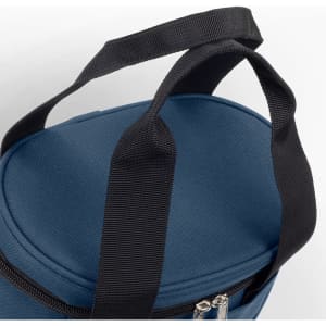 A blue cooler bag with black straps, featuring a round shape and a zip closure. It has a logo on the side.