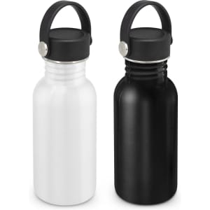 A drink bottle set featuring a white and a black bottle, each with a carry lid and a logo on the side.