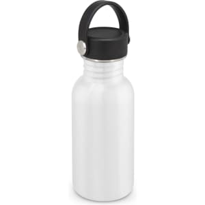 A drink bottle in white with a black carry lid and handle, featuring a sleek design and stainless steel construction.