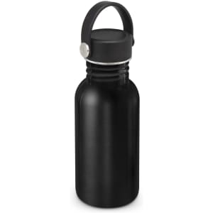 A drink bottle in matte black with a carry lid and a metal accent. It has a sleek, modern design.