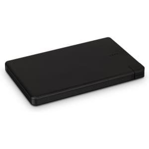 A slim black power bank with a textured surface and a small indicator light. It features a compact design for portability.