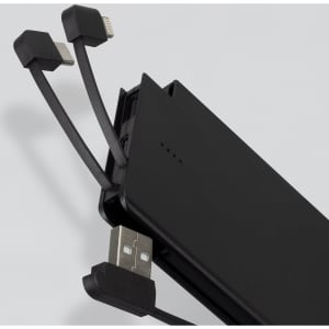 A portable black power bank with integrated charging cables for devices. It features a logo on the surface.