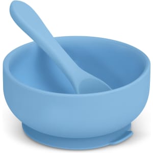 A blue suction bowl set for kids, including a bowl and a matching spoon. Features a logo on the bowl.