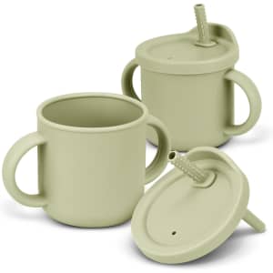 A drink bottle set featuring two soft green kids sipper cups with handles and straw lids.