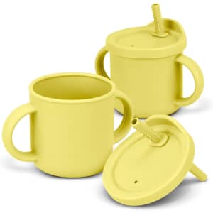 A drink bottle in bright yellow, featuring a straw and handles, designed for children. It includes a lid and has a logo.