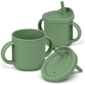 A drink bottle set featuring two green sipper cups with handles and removable lids.