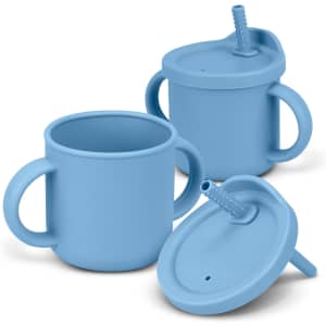 A drink bottle in blue with two handles and a straw lid, featuring a smooth, rounded design and a logo.