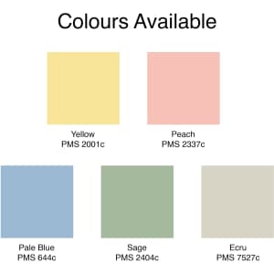 A colour palette featuring five shades: yellow, peach, pale blue, sage, and ecru, with associated PMS numbers.