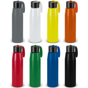 A drink bottle collection featuring ten aluminium bottles in grey, white, yellow, orange, red, green, blue, and black, each with a black lid and handle.
