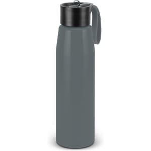 A drink bottle in a matte grey colour with a black lid and a handle. It features a logo.