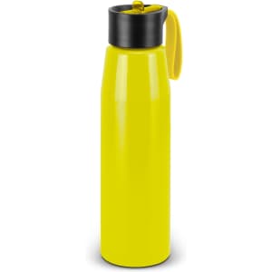 A drink bottle in vibrant yellow with a black lid and a handle. The bottle features a simple design with a logo.