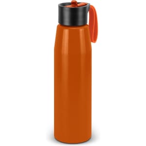 A drink bottle in vibrant orange with a black lid and an orange handle. It features a logo on the side.