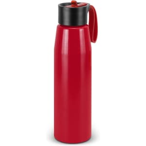 A drink bottle in bright red with a black cap and a red handle, featuring a logo on the body.