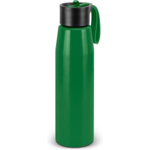 A drink bottle in bright green with a black lid and handle, featuring a logo on the side.
