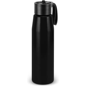 A drink bottle in sleek black aluminium with a secure lid and carrying strap, featuring a logo.